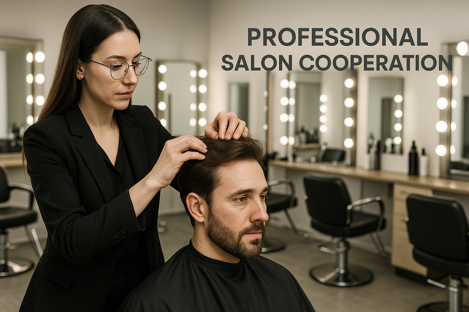 Salon Cooperation banner → 展示理发师为男士佩戴假发、沙龙内部环境