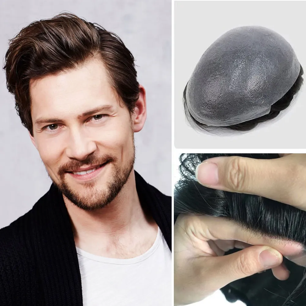 Close up of 115% medium high density natural Indian human hair on getmehair skin toupee