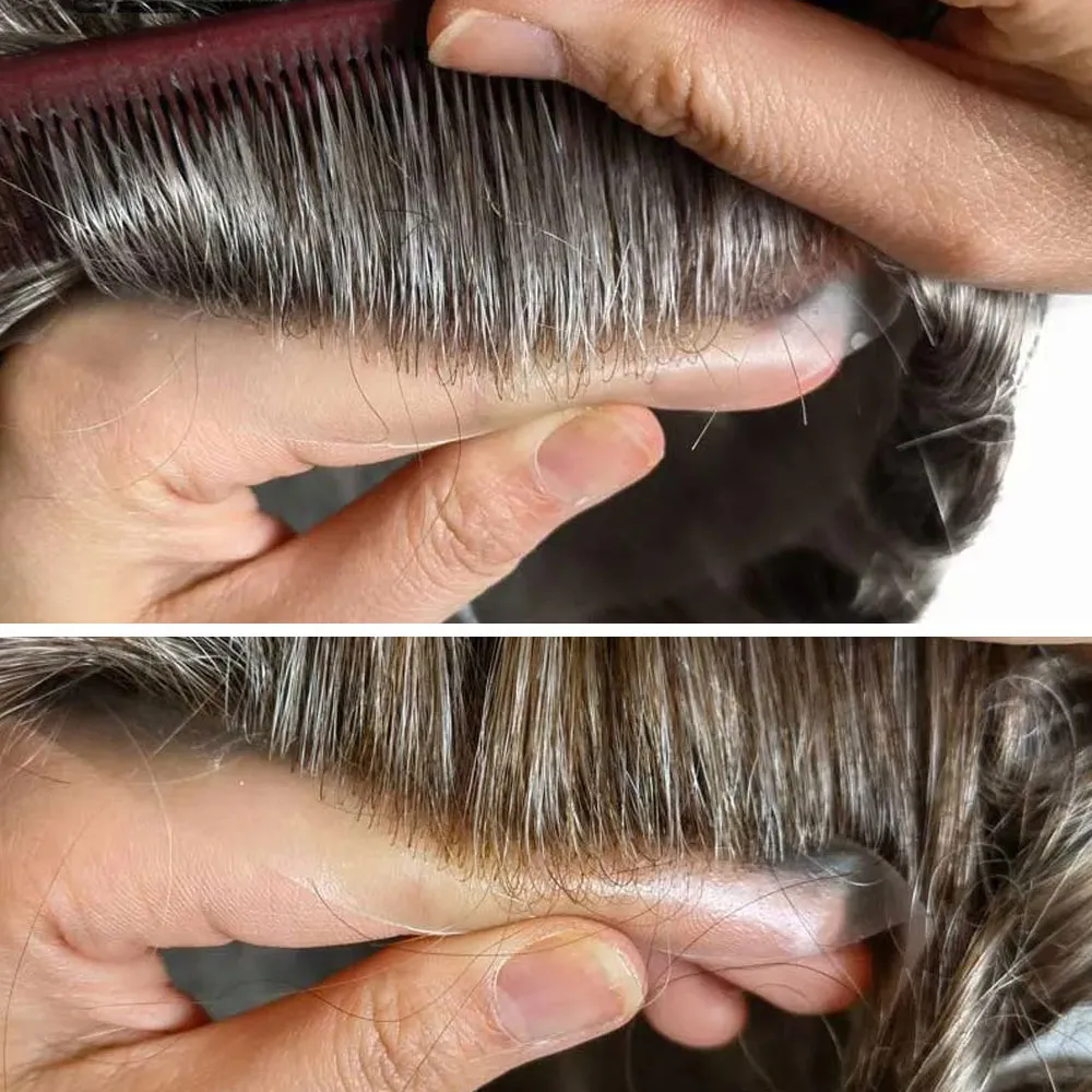 Close up of knotless front hairline on getmehair thin skin v loop toupee