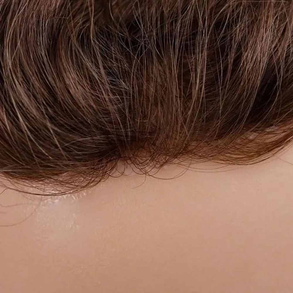Close up of V-loop knotless natural front hairline on getmehair thin skin toupee