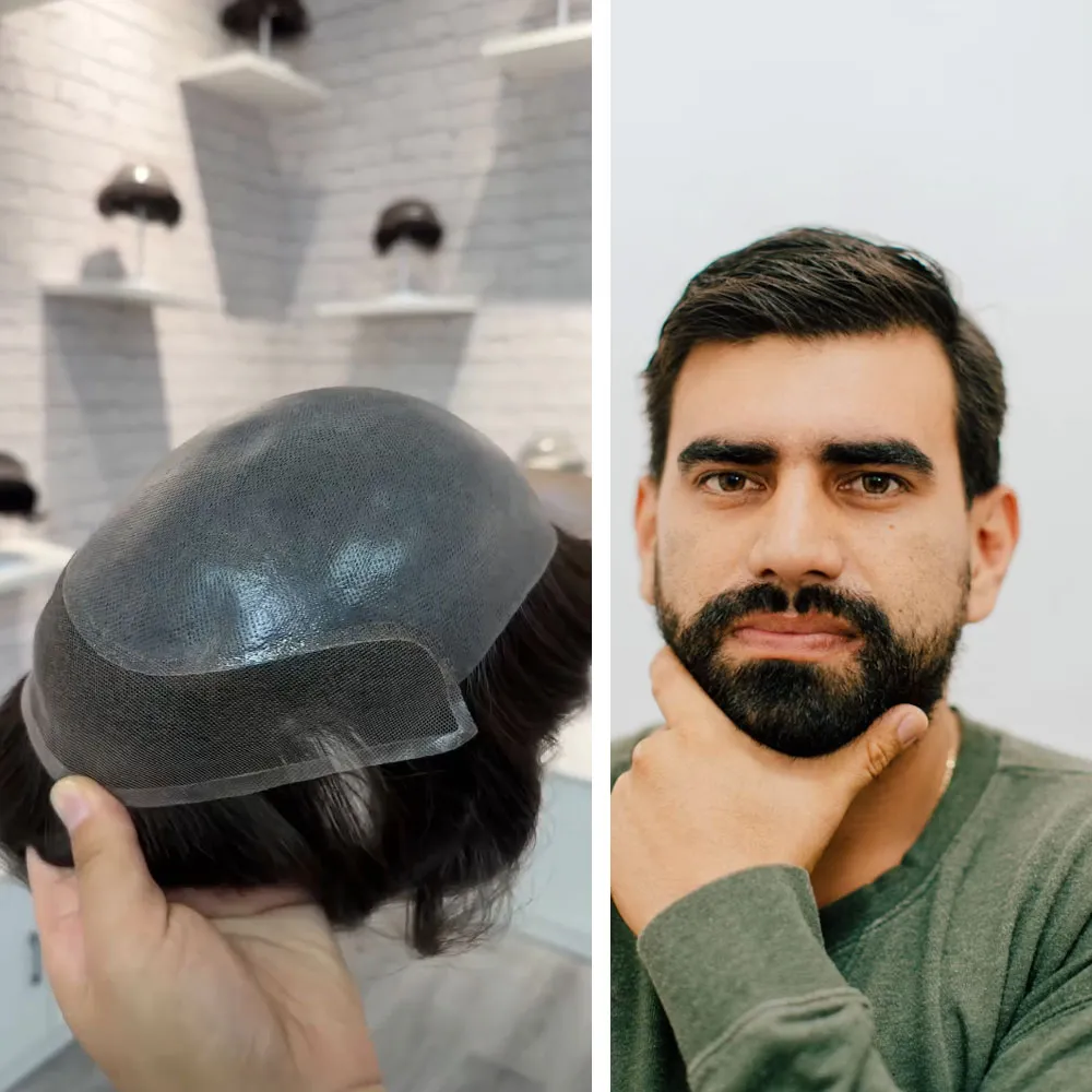 Side profile of a man wearing a realistic thin skin PU poly toupee with a seamless blend